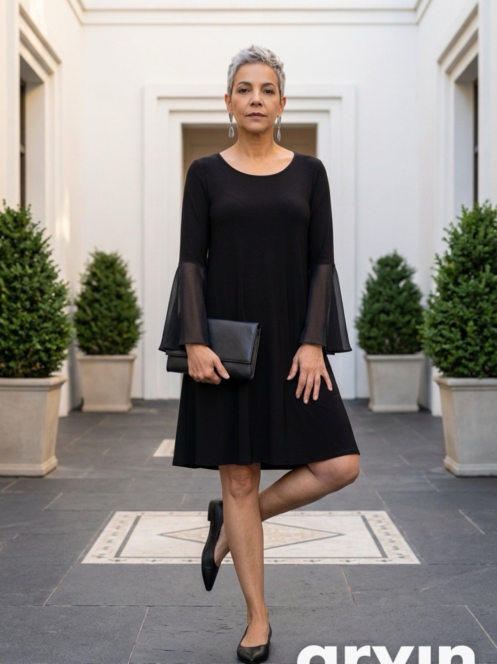 Michael Kors Black Mini Dress with Sheer Bell Sleeves
